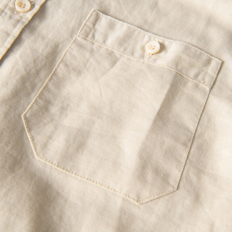 Buddha Stonesカジュアル デイリー シンプル ボタンデザイン スタンドカラー メンズ 半袖 コットンリネン シャツ フロントポケット付き - image 13