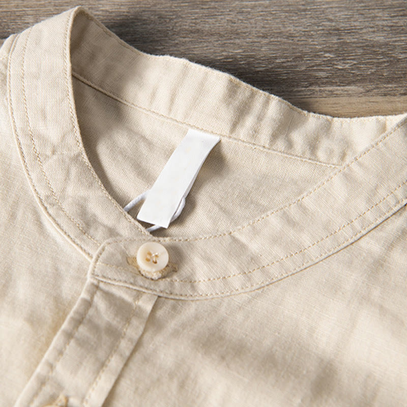 Buddha Stonesカジュアル デイリー シンプル ボタンデザイン スタンドカラー メンズ 半袖 コットンリネン シャツ フロントポケット付き - image 10