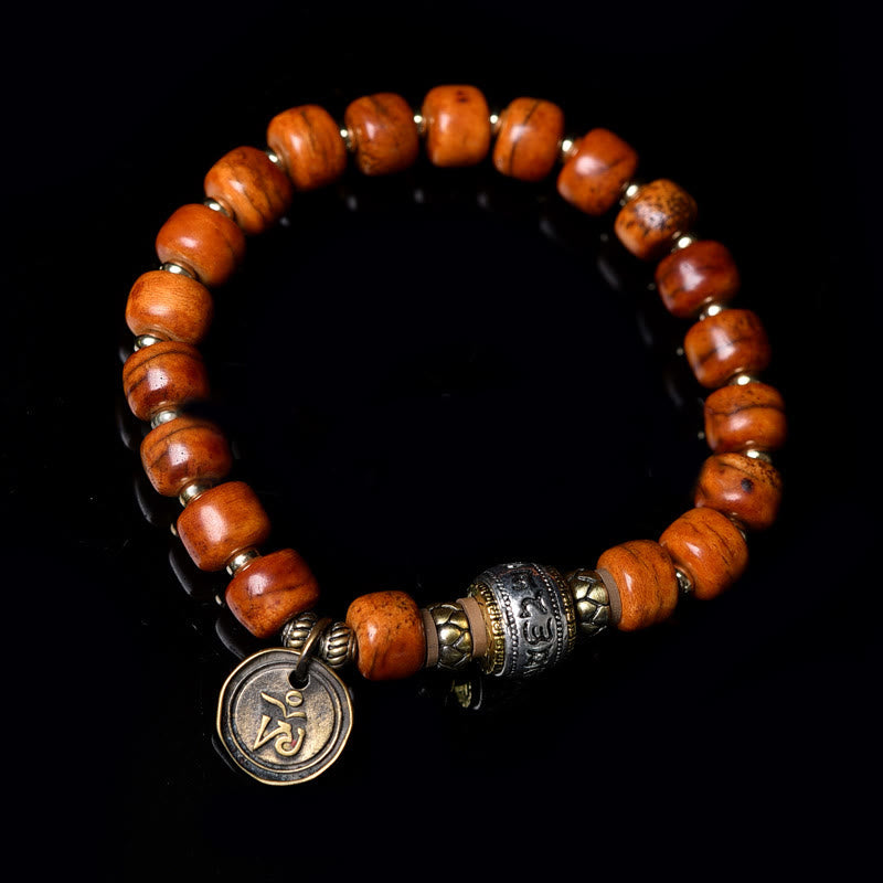 Buddha Stones天然チベットラクダ骨バレルビーズ OM サンスクリット 幸運の守護ブレスレット