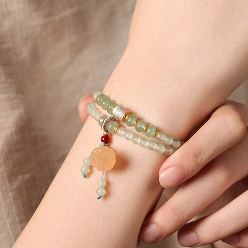 Buddha Stones、複数の円、天然アベンチュリンガラス、蓮の鞘、幸運の竹、ポジティブなブレスレット