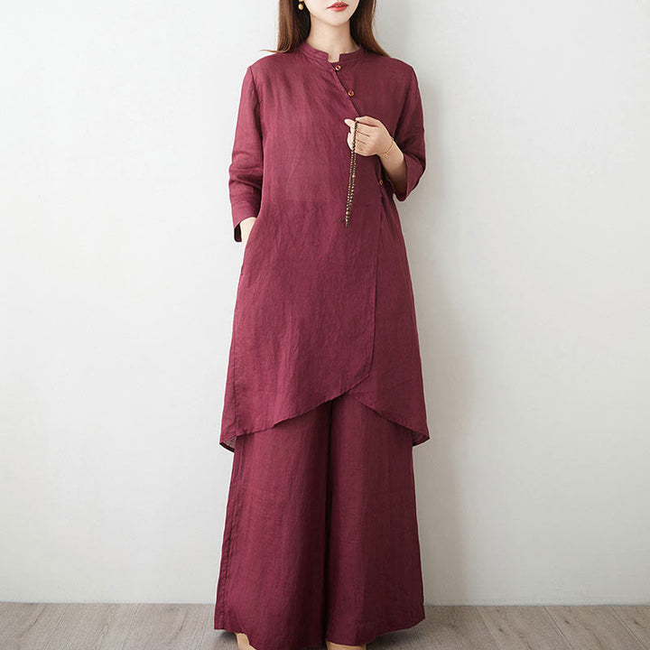 Buddha Stonesカジュアル 2点セット 無地 七分袖 斜め襟 シャツ トップス スカート ポケット付き 瞑想 禅 太極拳服 レディース セット - image 3