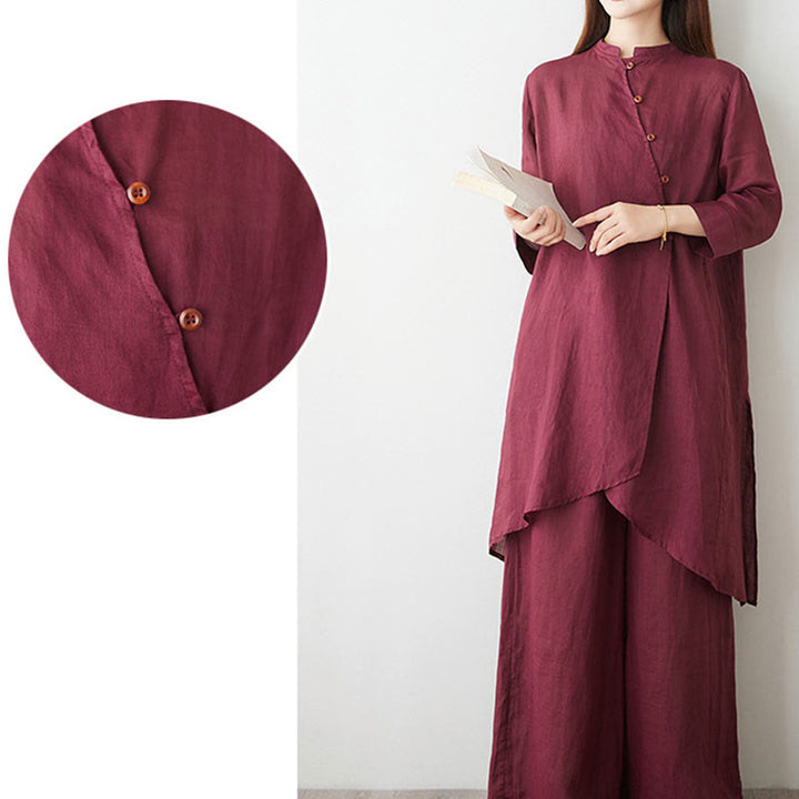 Buddha Stonesカジュアル 2点セット 無地 七分袖 斜め襟 シャツ トップス スカート ポケット付き 瞑想 禅 太極拳服 レディース セット - image 8