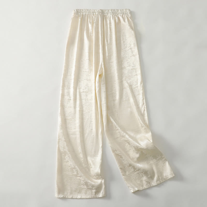 Buddha Stones春カジュアル ジャカード 無地 レディース コットンリネン ワイドレッグパンツ ポケット付き - image 1