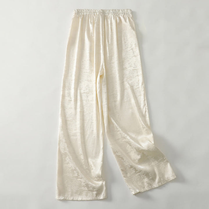 Buddha Stones春カジュアル ジャカード 無地 レディース コットンリネン ワイドレッグパンツ ポケット付き - image 1