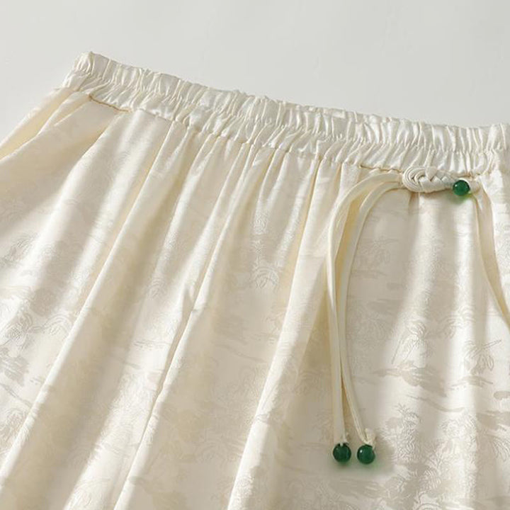 Buddha Stones春カジュアル ジャカード 無地 レディース コットンリネン ワイドレッグパンツ ポケット付き - image 3