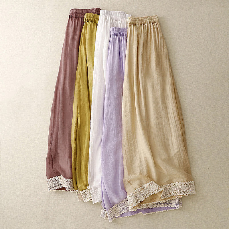 Buddha Stones春 ヴィンテージ カジュアル 無地 レース パッチワーク カフ レディース コットン リネン ワイドレッグ パンツ ポケット付き - image 26