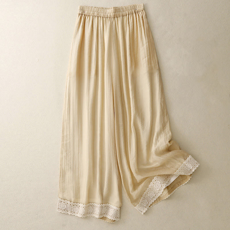 Buddha Stones春 ヴィンテージ カジュアル 無地 レース パッチワーク カフ レディース コットン リネン ワイドレッグ パンツ ポケット付き - カーキ - US8-10,UK/AU12-14,EU40-42 (2XL) - image 9