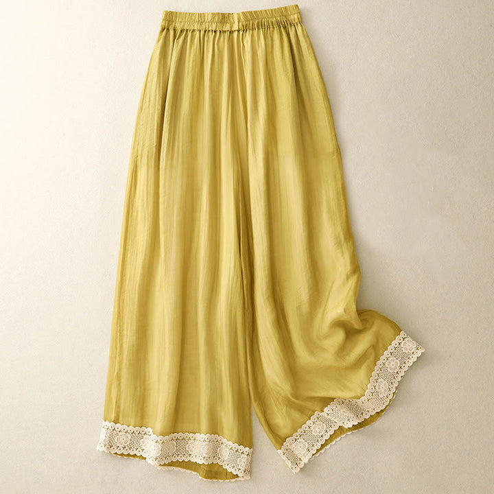 Buddha Stones春 ヴィンテージ カジュアル 無地 レース パッチワーク カフ レディース コットン リネン ワイドレッグ パンツ ポケット付き - 金 - US8-10,UK/AU12-14,EU40-42 (2XL) - image 0