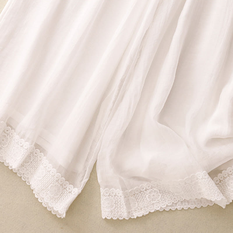 Buddha Stones春 ヴィンテージ カジュアル 無地 レース パッチワーク カフ レディース コットン リネン ワイドレッグ パンツ ポケット付き - image 6