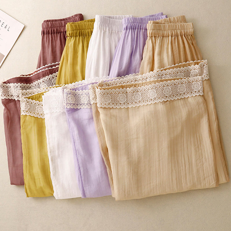 Buddha Stones春 ヴィンテージ カジュアル 無地 レース パッチワーク カフ レディース コットン リネン ワイドレッグ パンツ ポケット付き - image 27