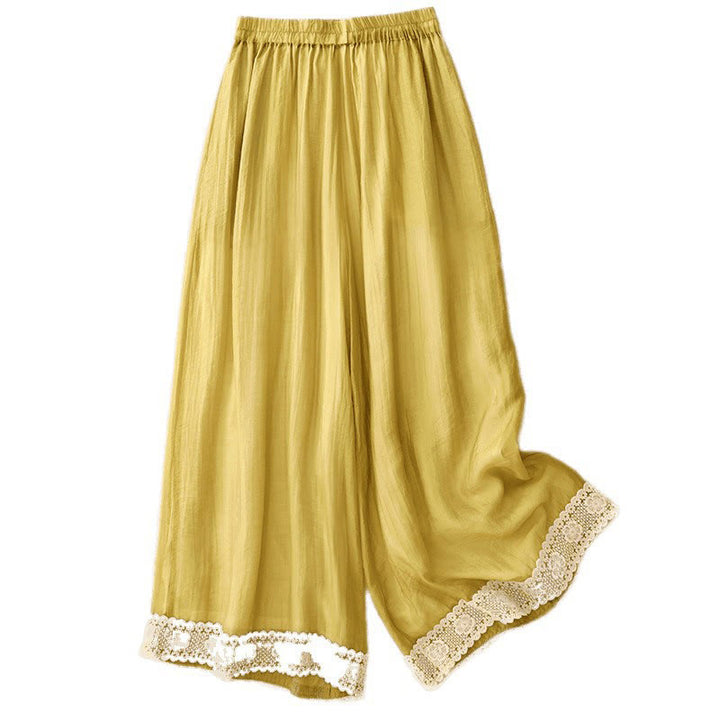 Buddha Stones春 ヴィンテージ カジュアル 無地 レース パッチワーク カフ レディース コットン リネン ワイドレッグ パンツ ポケット付き - image 3