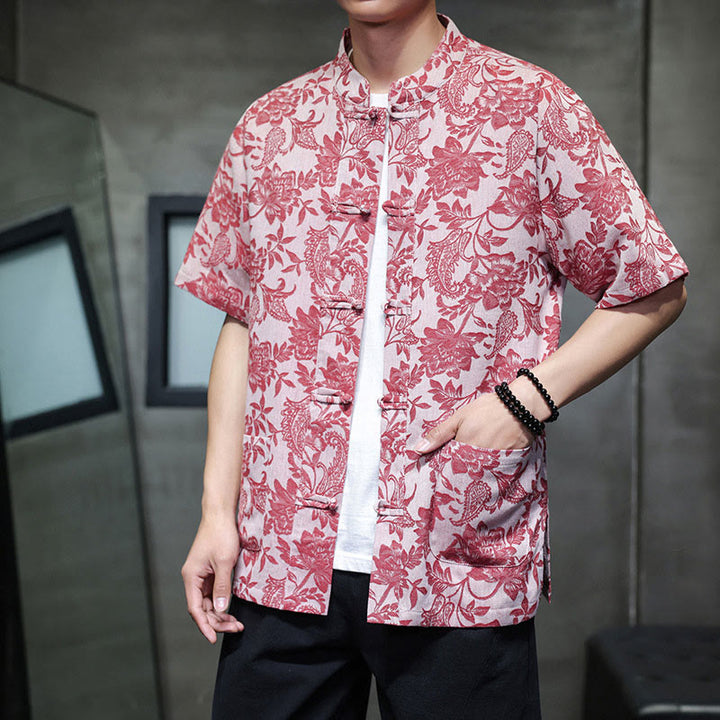 Buddha Stonesカジュアル ジャカード ペイズリー 花 植物柄 カエルボタンデザイン メンズ コットン シャツ カーディガン ポケット付き