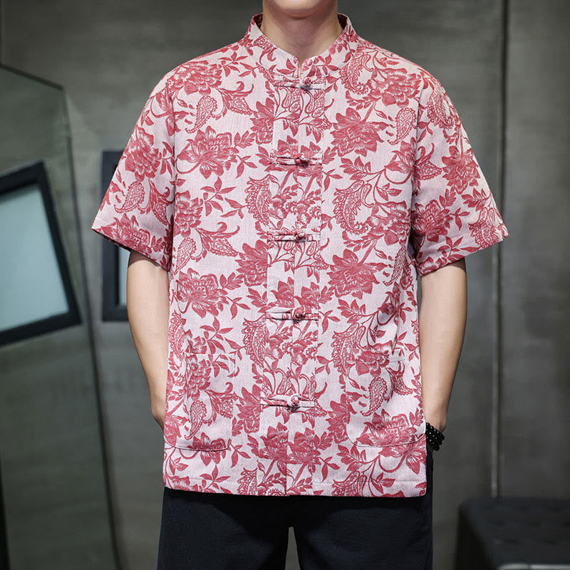 Buddha Stonesカジュアル ジャカード ペイズリー 花 植物柄 カエルボタンデザイン メンズ コットン シャツ カーディガン ポケット付き