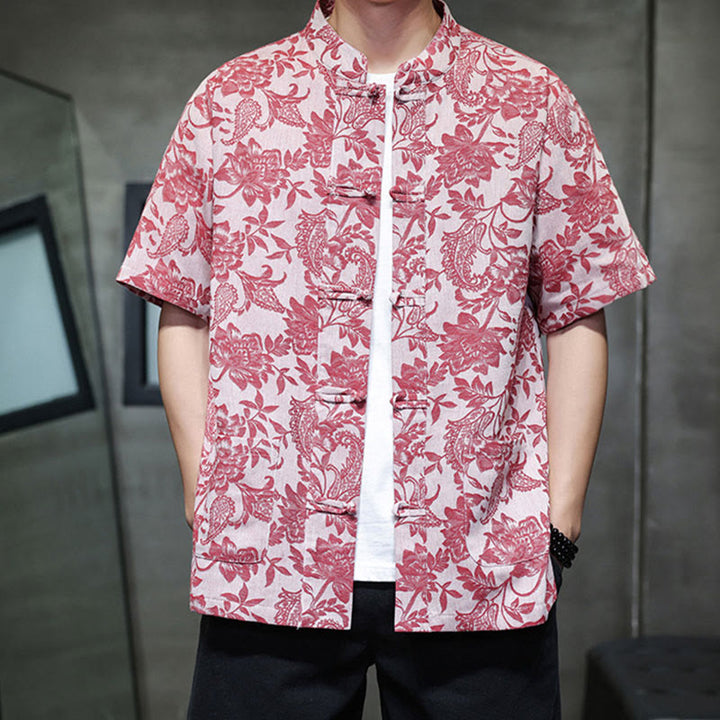 Buddha Stonesカジュアル ジャカード ペイズリー 花 植物柄 カエルボタンデザイン メンズ コットン シャツ カーディガン ポケット付き