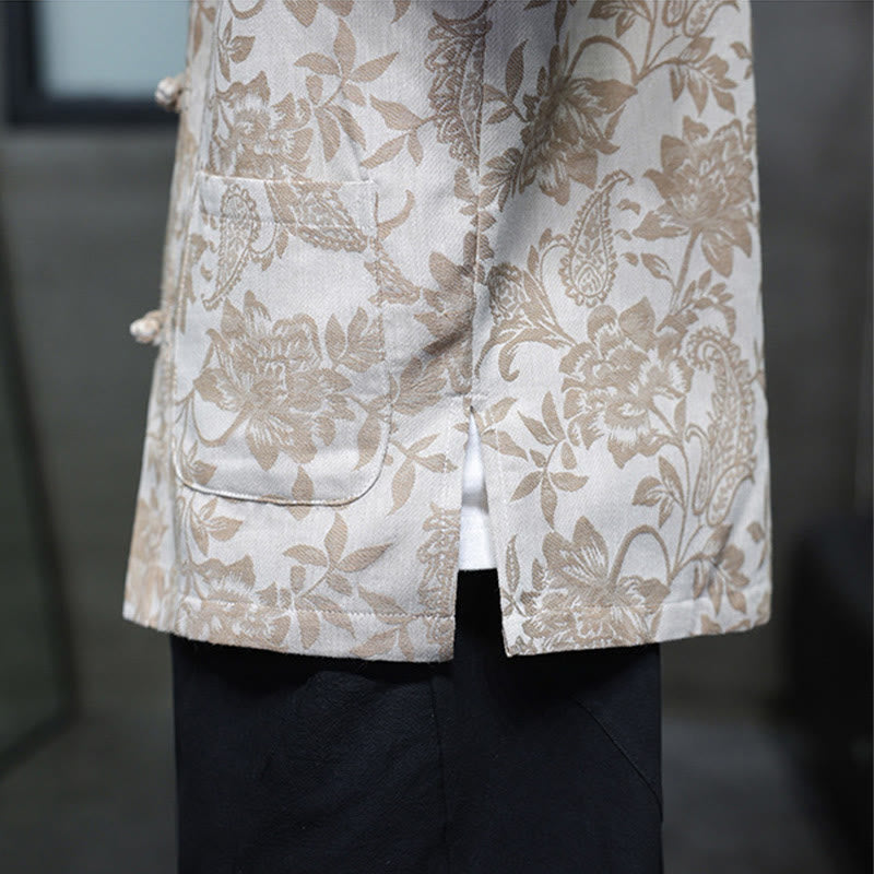 Buddha Stonesカジュアル ジャカード ペイズリー 花 植物柄 カエルボタンデザイン メンズ コットン シャツ カーディガン ポケット付き