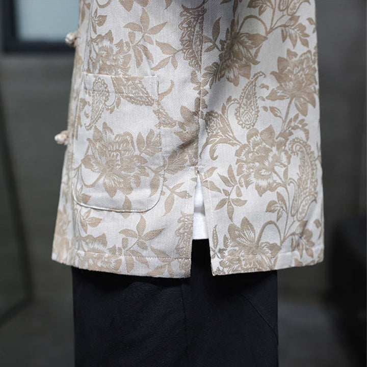 Buddha Stonesカジュアル ジャカード ペイズリー 花 植物柄 カエルボタンデザイン メンズ コットン シャツ カーディガン ポケット付き