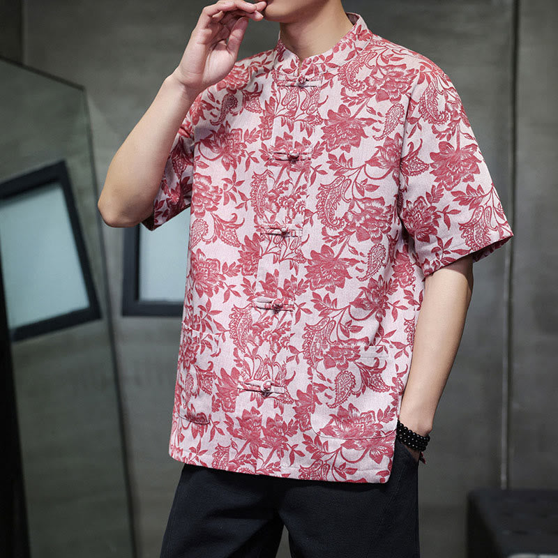 Buddha Stonesカジュアル ジャカード ペイズリー 花 植物柄 カエルボタンデザイン メンズ コットン シャツ カーディガン ポケット付き