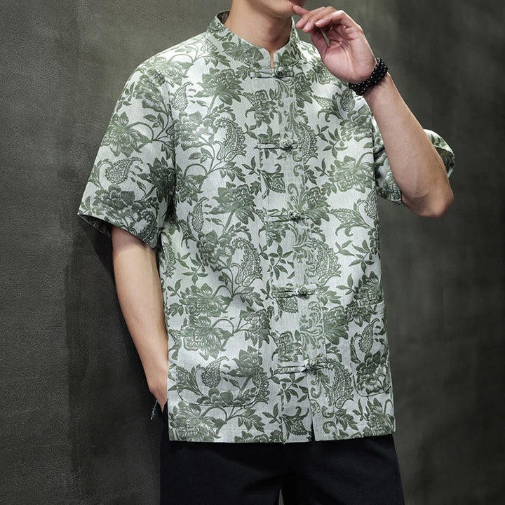 Buddha Stonesカジュアル ジャカード ペイズリー 花 植物柄 カエルボタンデザイン メンズ コットン シャツ カーディガン ポケット付き