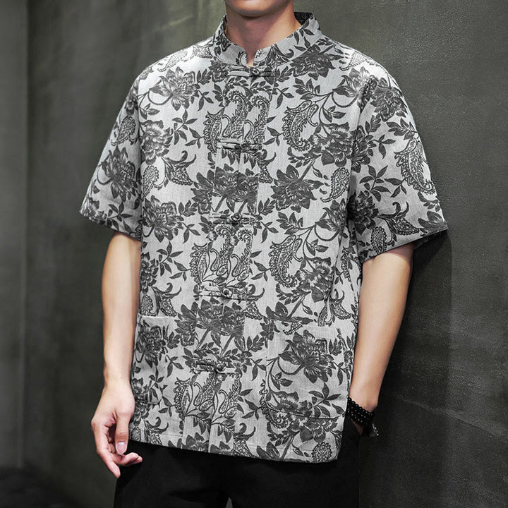 Buddha Stonesカジュアル ジャカード ペイズリー 花 植物柄 カエルボタンデザイン メンズ コットン シャツ カーディガン ポケット付き