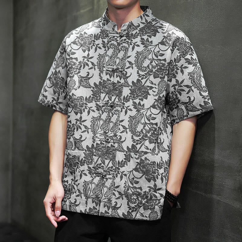 Buddha Stonesカジュアル ジャカード ペイズリー 花 植物柄 カエルボタンデザイン メンズ コットン シャツ カーディガン ポケット付き