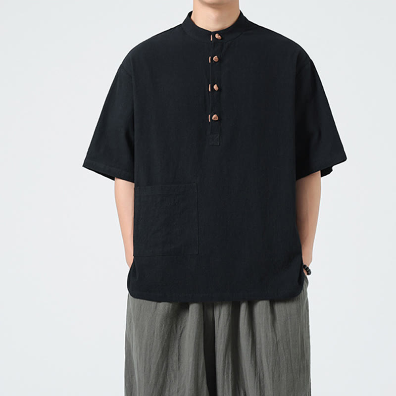 Buddha Stonesカジュアル ハーフフロッグボタンデザイン スタンドカラー タンスーツ メンズ 半袖 コットンシャツ ポケット付き