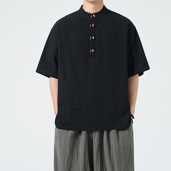 Buddha Stonesカジュアル ハーフフロッグボタンデザイン スタンドカラー タンスーツ メンズ 半袖 コットンシャツ ポケット付き