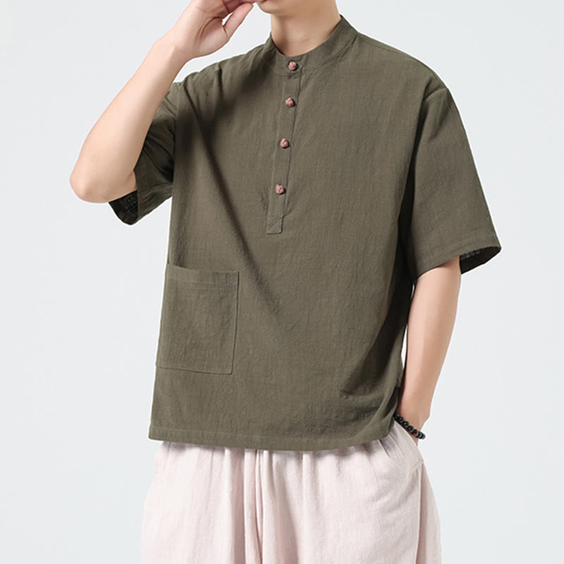 Buddha Stonesカジュアル ハーフフロッグボタンデザイン スタンドカラー タンスーツ メンズ 半袖 コットンシャツ ポケット付き
