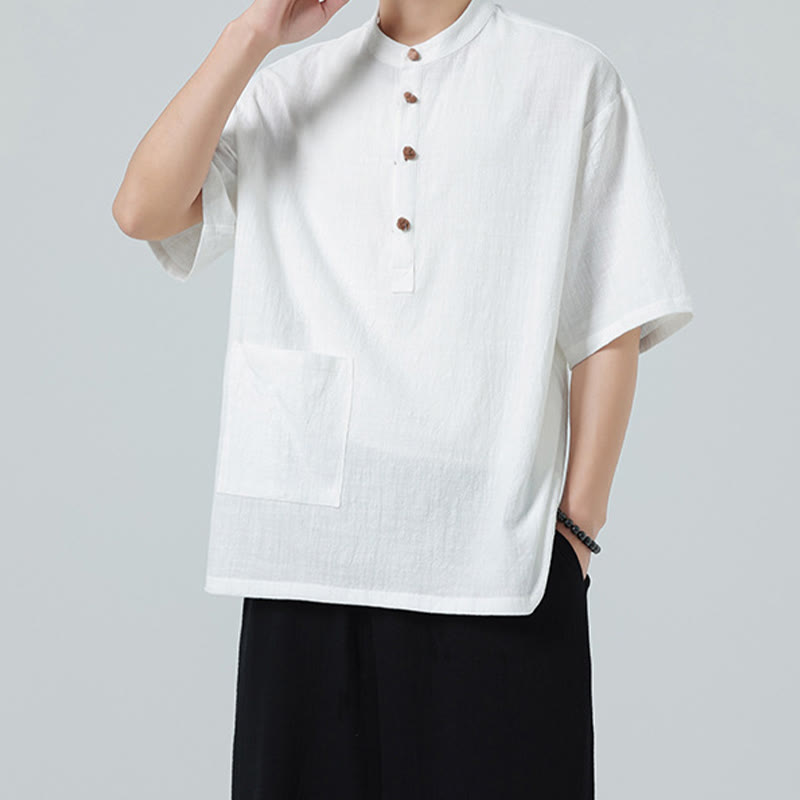 Buddha Stonesカジュアル ハーフフロッグボタンデザイン スタンドカラー タンスーツ メンズ 半袖 コットンシャツ ポケット付き