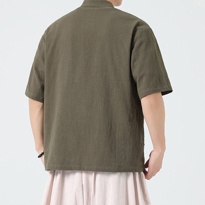 Buddha Stonesカジュアル ハーフフロッグボタンデザイン スタンドカラー タンスーツ メンズ 半袖 コットンシャツ ポケット付き