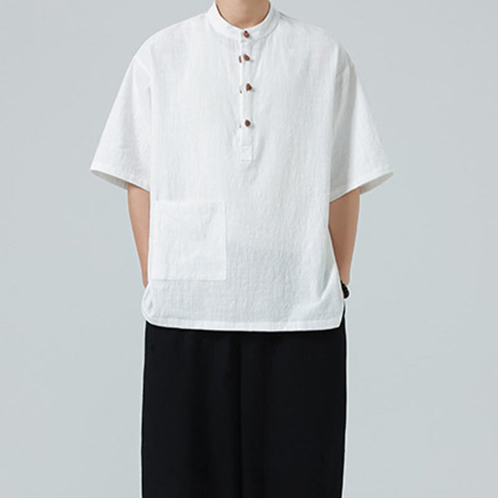 Buddha Stonesカジュアル ハーフフロッグボタンデザイン スタンドカラー タンスーツ メンズ 半袖 コットンシャツ ポケット付き