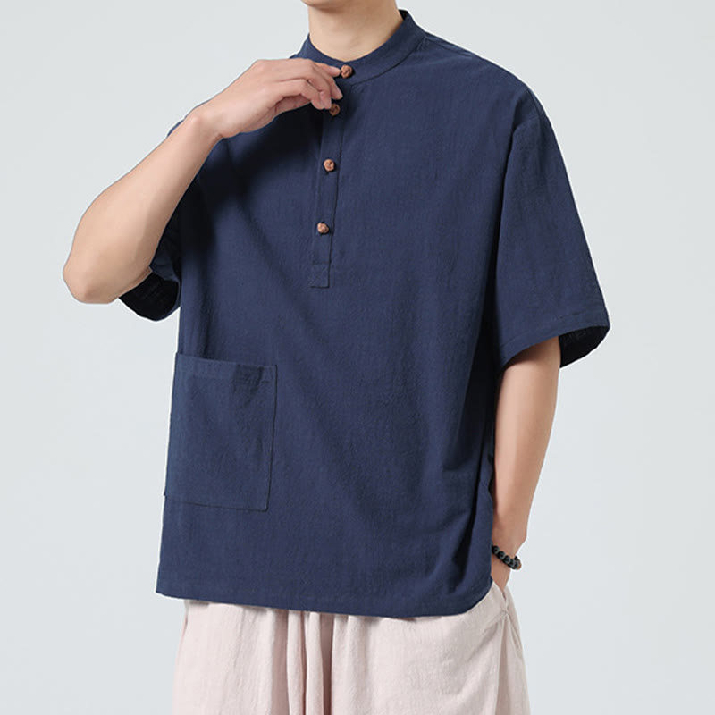 Buddha Stonesカジュアル ハーフフロッグボタンデザイン スタンドカラー タンスーツ メンズ 半袖 コットンシャツ ポケット付き