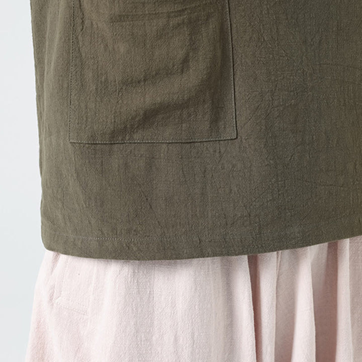 Buddha Stonesカジュアル ハーフフロッグボタンデザイン スタンドカラー タンスーツ メンズ 半袖 コットンシャツ ポケット付き