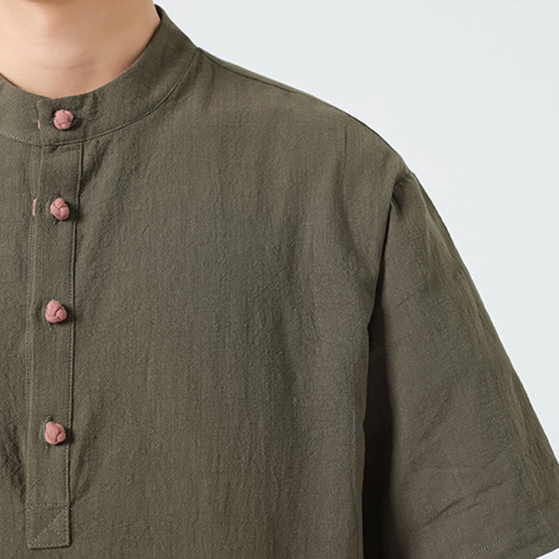 Buddha Stonesカジュアル ハーフフロッグボタンデザイン スタンドカラー タンスーツ メンズ 半袖 コットンシャツ ポケット付き