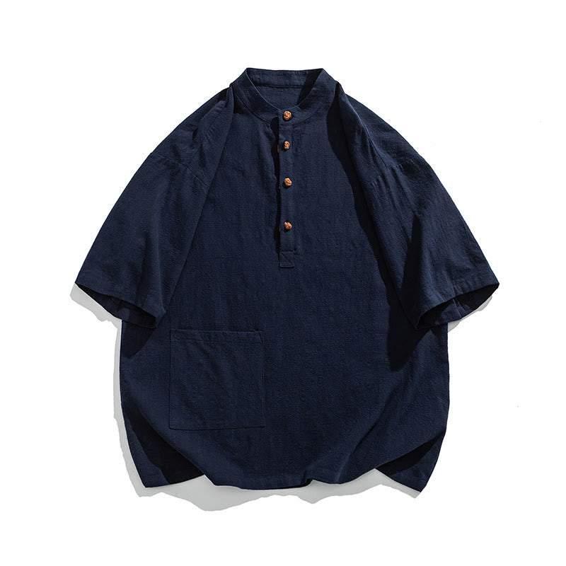 Buddha Stonesカジュアル ハーフフロッグボタンデザイン スタンドカラー タンスーツ メンズ 半袖 コットンシャツ ポケット付き