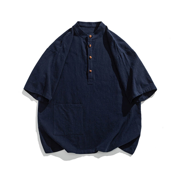 Buddha Stonesカジュアル ハーフフロッグボタンデザイン スタンドカラー タンスーツ メンズ 半袖 コットンシャツ ポケット付き