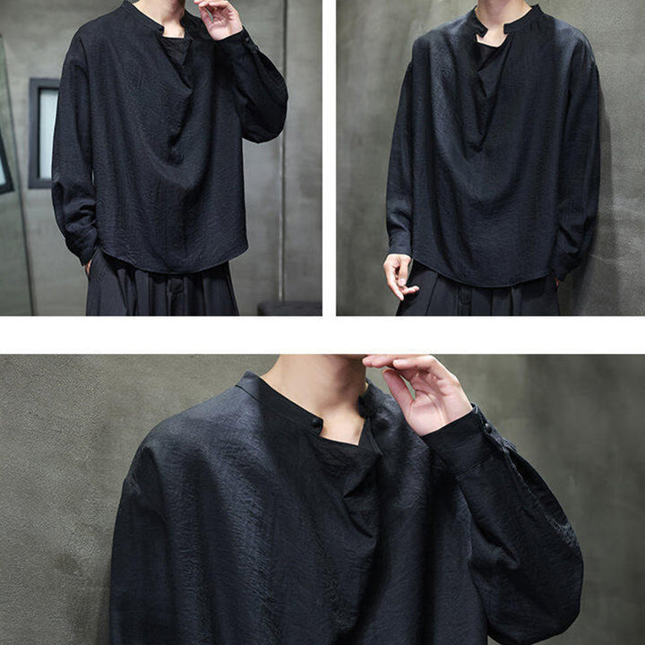 Buddha Stones春 無地 プリーツ スタンドカラー デザイン タンスーツ メンズ 長袖 リネン シャツ - image 16