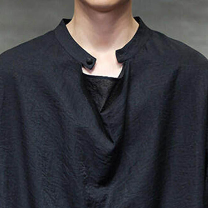 Buddha Stones春 無地 プリーツ スタンドカラー デザイン タンスーツ メンズ 長袖 リネン シャツ - image 14