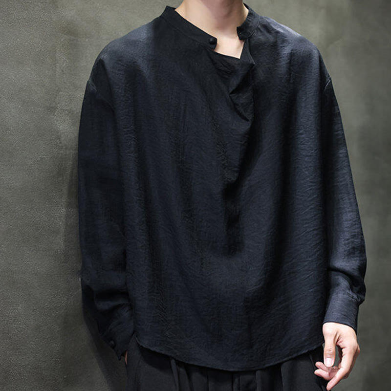 Buddha Stones春 無地 プリーツ スタンドカラー デザイン タンスーツ メンズ 長袖 リネン シャツ - image 12