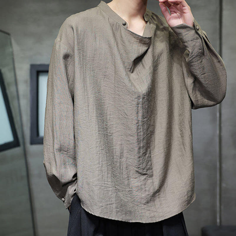 Buddha Stones春 無地 プリーツ スタンドカラー デザイン タンスーツ メンズ 長袖 リネン シャツ - image 1