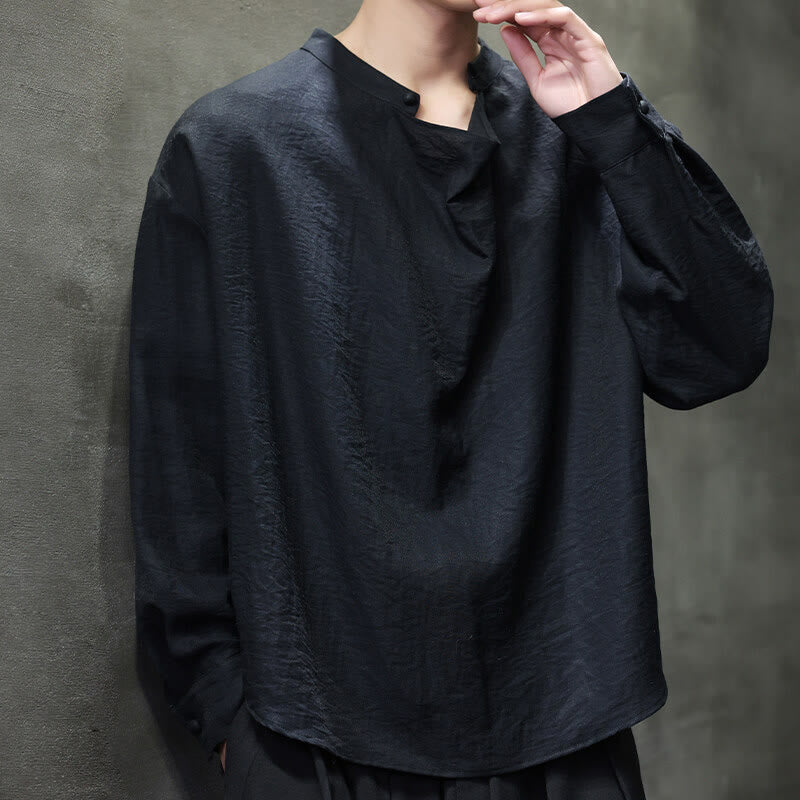 Buddha Stones春 無地 プリーツ スタンドカラー デザイン タンスーツ メンズ 長袖 リネン シャツ - image 13