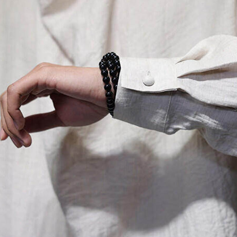 Buddha Stones春 無地 プリーツ スタンドカラー デザイン タンスーツ メンズ 長袖 リネン シャツ - image 24