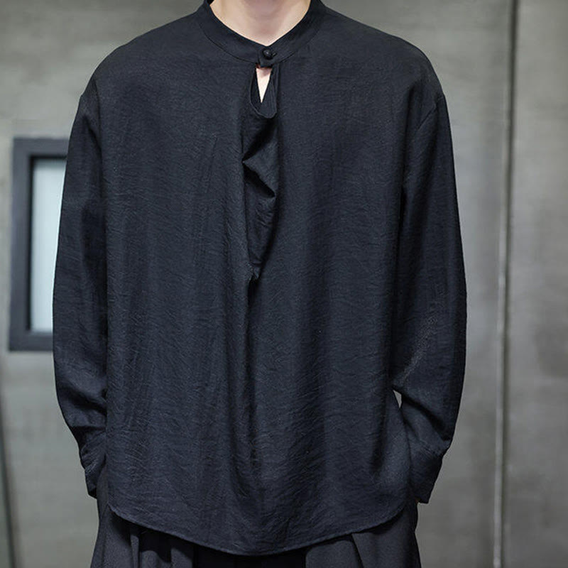 Buddha Stones春 無地 プリーツ スタンドカラー デザイン タンスーツ メンズ 長袖 リネン シャツ - image 11