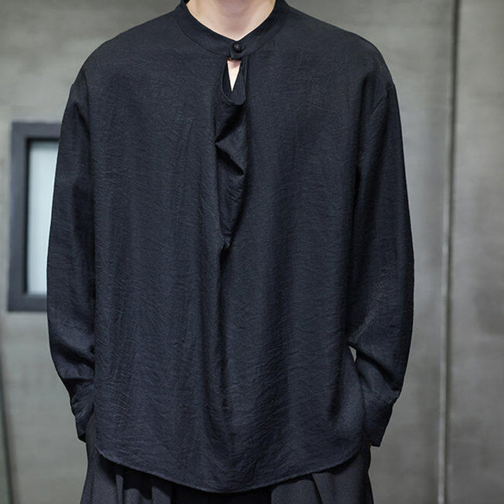 Buddha Stones春 無地 プリーツ スタンドカラー デザイン タンスーツ メンズ 長袖 リネン シャツ - image 11