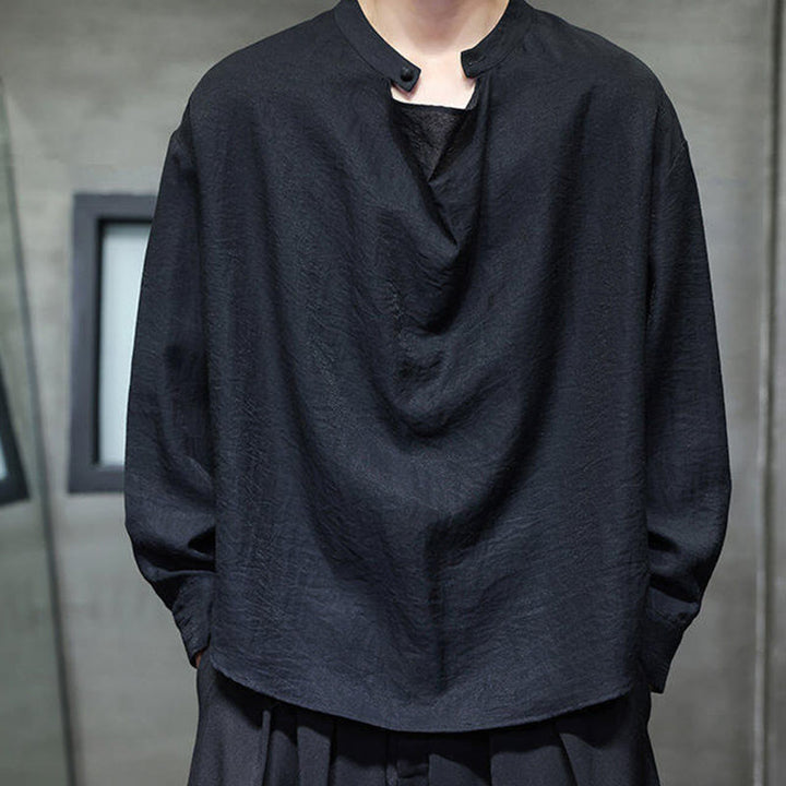 Buddha Stones春 無地 プリーツ スタンドカラー デザイン タンスーツ メンズ 長袖 リネン シャツ - image 10