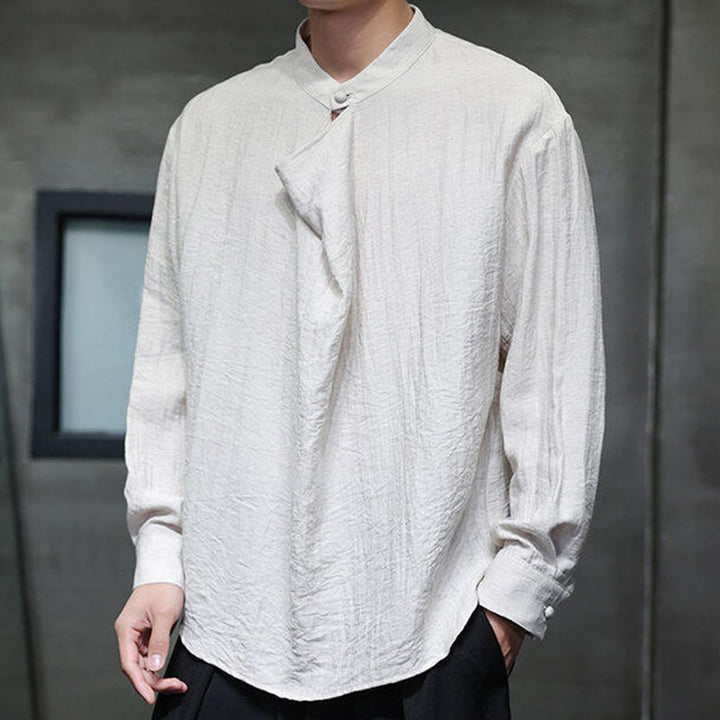 Buddha Stones春 無地 プリーツ スタンドカラー デザイン タンスーツ メンズ 長袖 リネン シャツ - フローラルホワイト - US/UK/AU46、 EU56 (5XL) - image 17