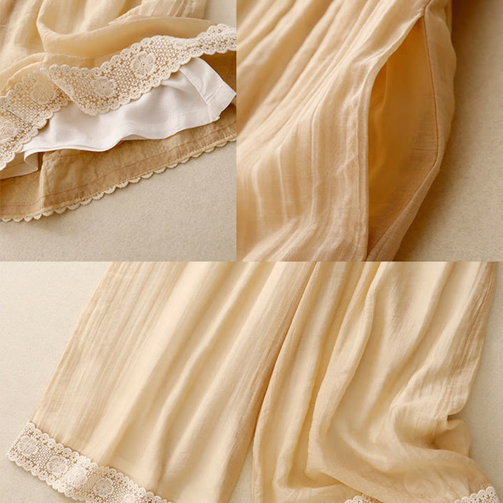 Buddha Stones春 ヴィンテージ カジュアル 無地 レース パッチワーク カフ レディース コットン リネン ワイドレッグ パンツ ポケット付き - image 16