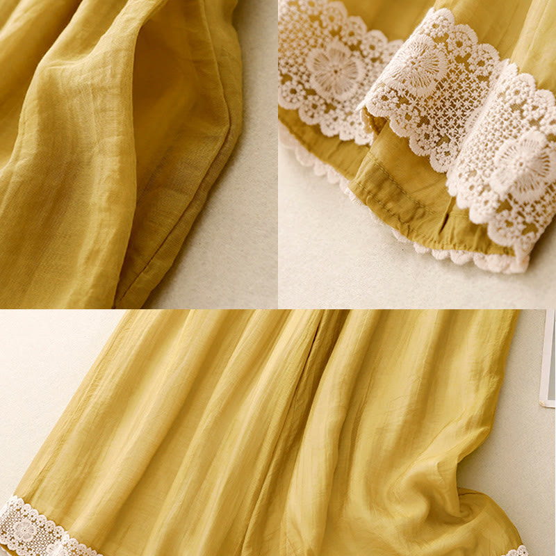 Buddha Stones春 ヴィンテージ カジュアル 無地 レース パッチワーク カフ レディース コットン リネン ワイドレッグ パンツ ポケット付き - image 2