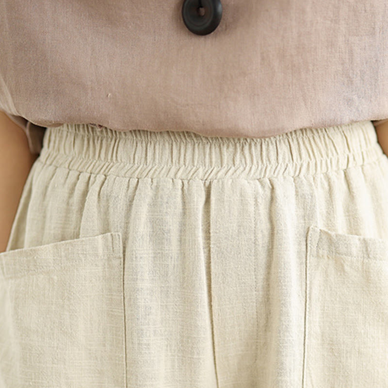 Buddha Stonesカジュアル デイリー 無地 シンプルデザイン レディース コットンリネン ハーレムパンツ ポケット付き