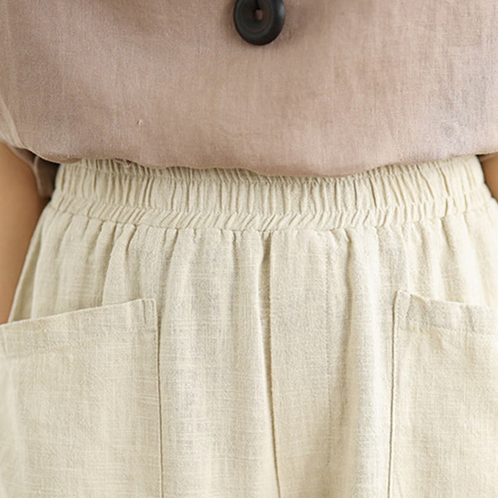 Buddha Stonesカジュアル デイリー 無地 シンプルデザイン レディース コットンリネン ハーレムパンツ ポケット付き