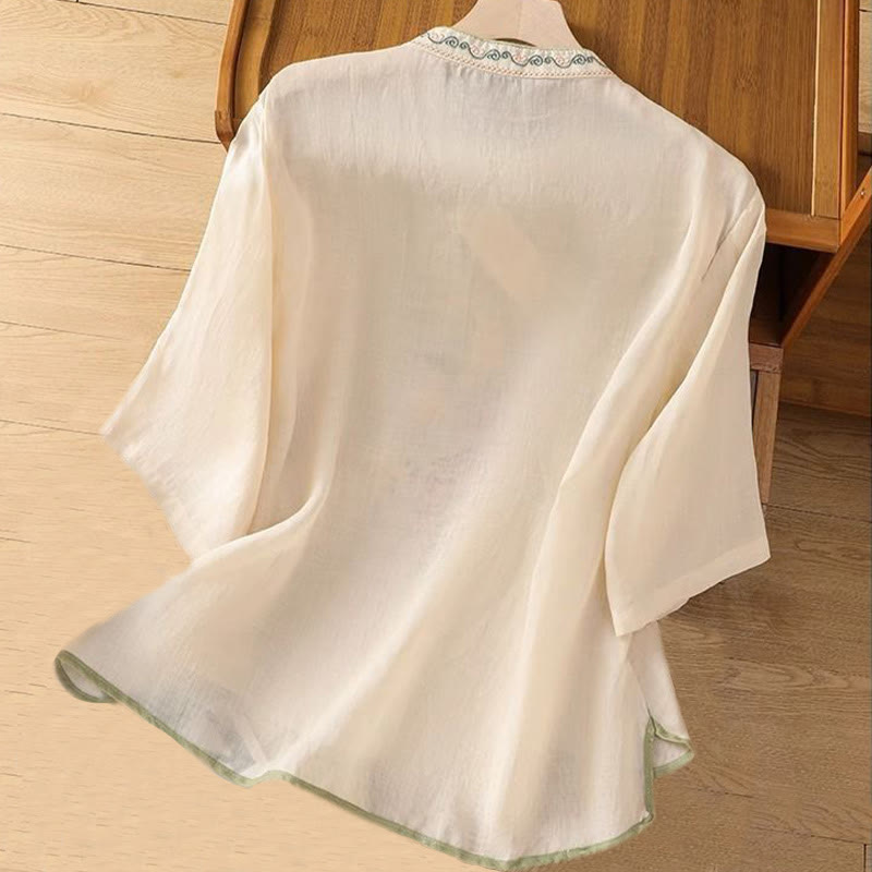 Buddha Stonesカジュアル エスニックスタイル 刺繍 花柄 カエルボタン スタンドカラー レディース コットンリネン シャツ - image 5